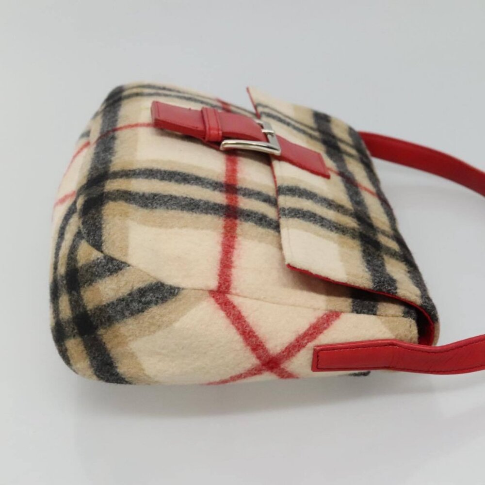 Burberrys Nova Check Blue Label Shoulder Bag Wool Beige Red Silver Auth - Picture 5 of 16